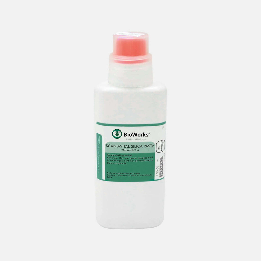 Bottle of BioWorks Scanavital Silica Paste on a white background